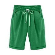 QUYUON Bermuda Shorts for Women Knee Length Casual Elastic Waist Shorts Pants with Pockets Women’s Plus Size Cotton Linen Shorts Pants Summer Drawstring Shorts Lounge Shorts Style S-33 , Green XL